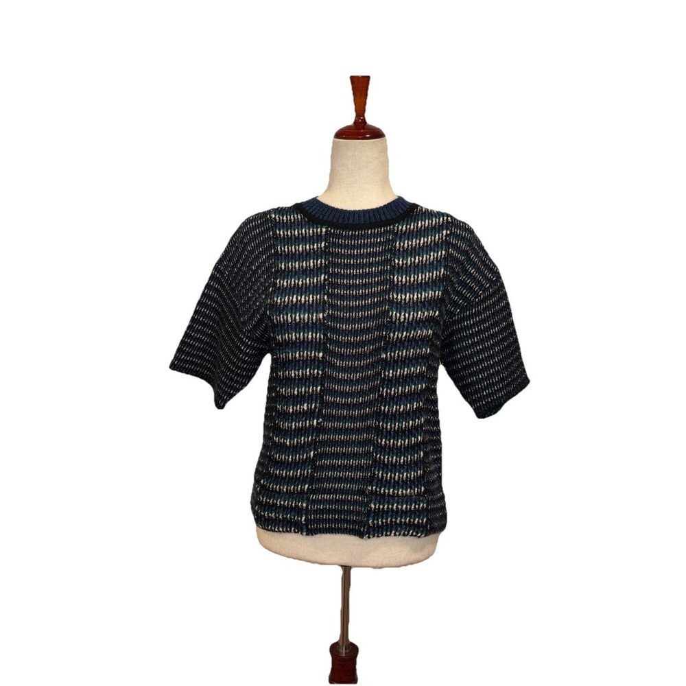 Kenzo Paris Alpaca Wool Woven‎ Short Sleeved Sweater Black Blue Green Gold Sz S